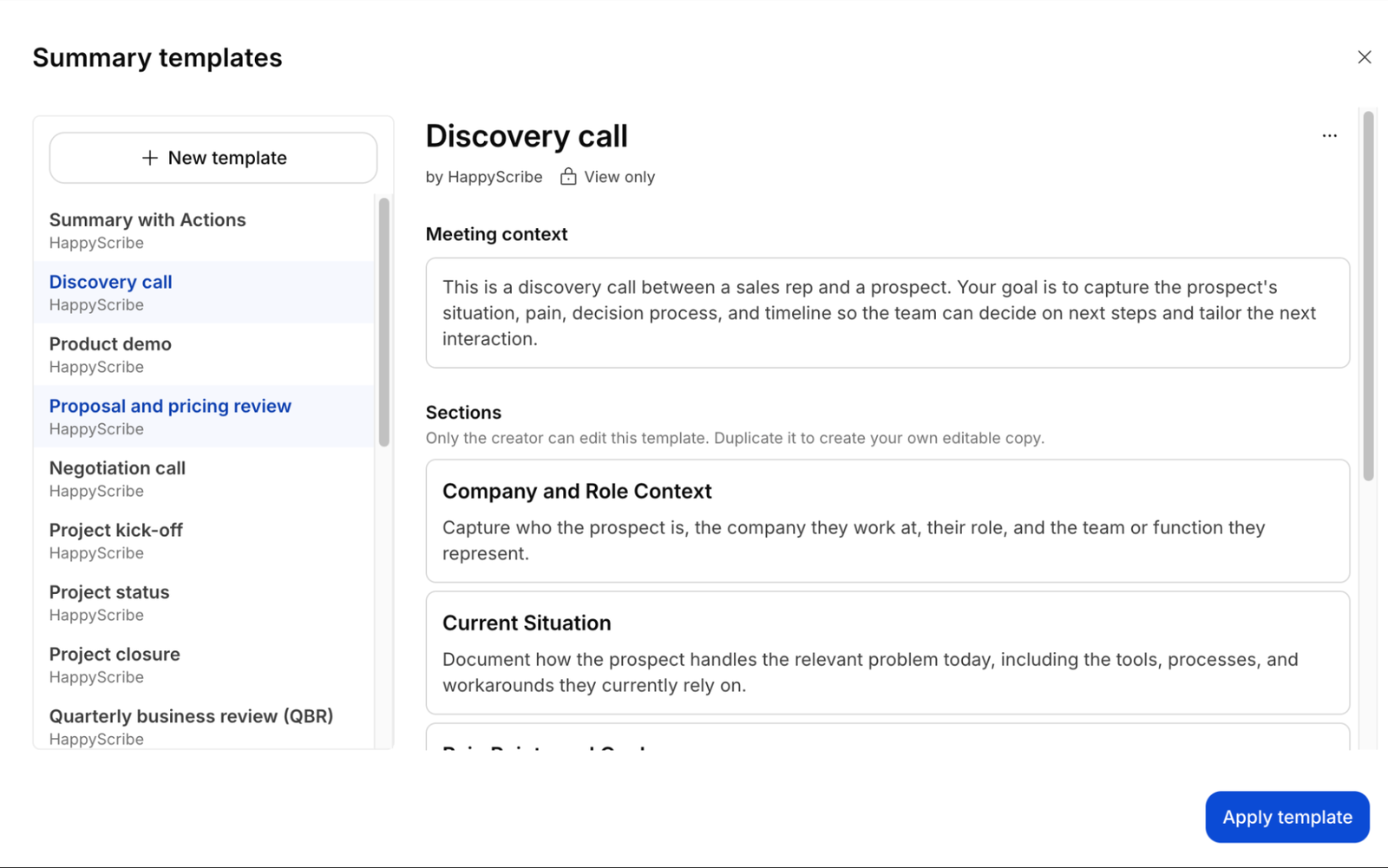 HappyScribe summary templates library with the Discovery call template open