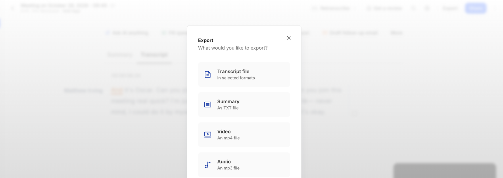 HappyScribe export menu with transcript file, summary as TXT, video as MP4 and audio as MP3 options