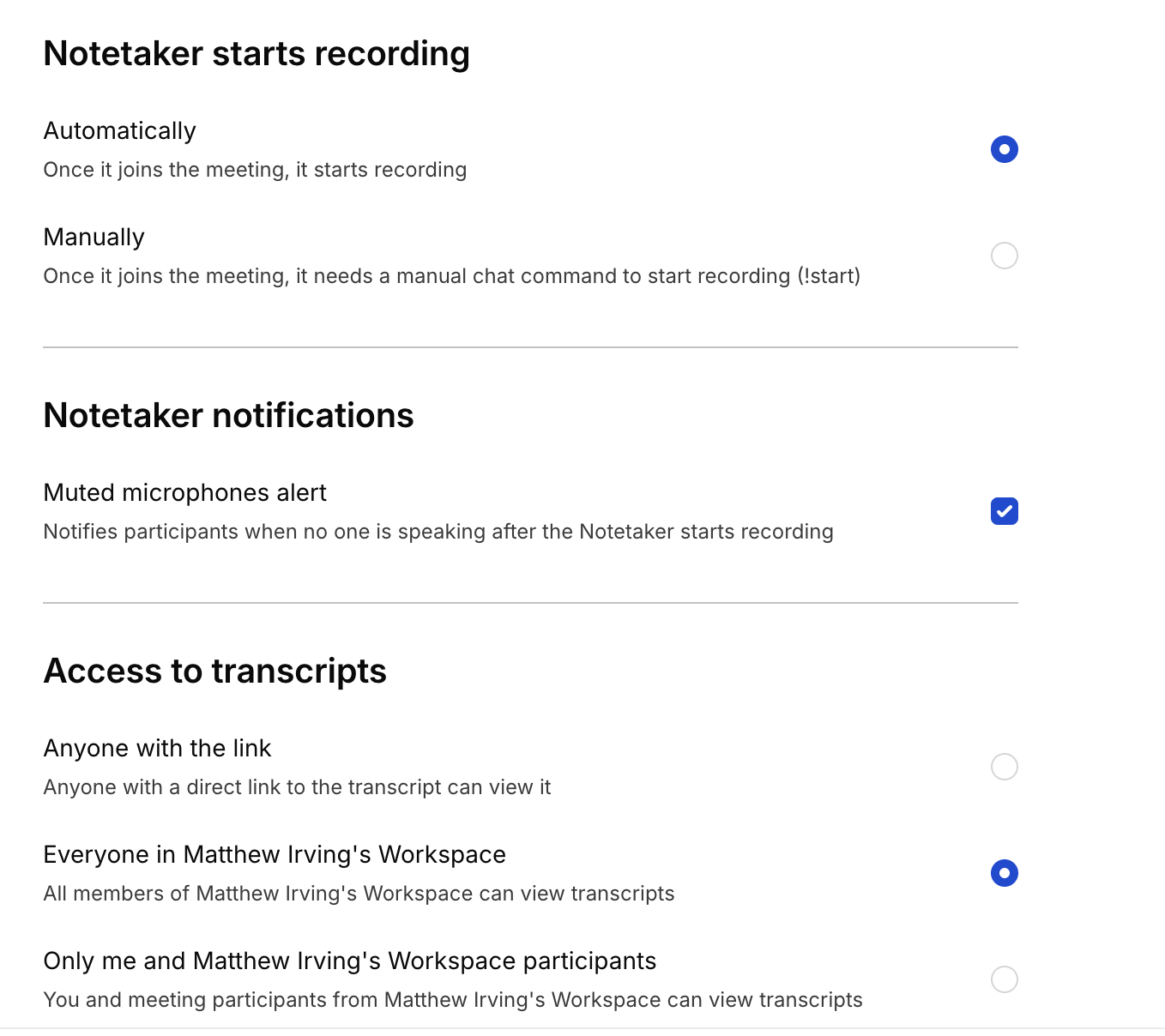HappyScribe settings for when the notetaker starts recording, muted microphone alerts and access to transcripts